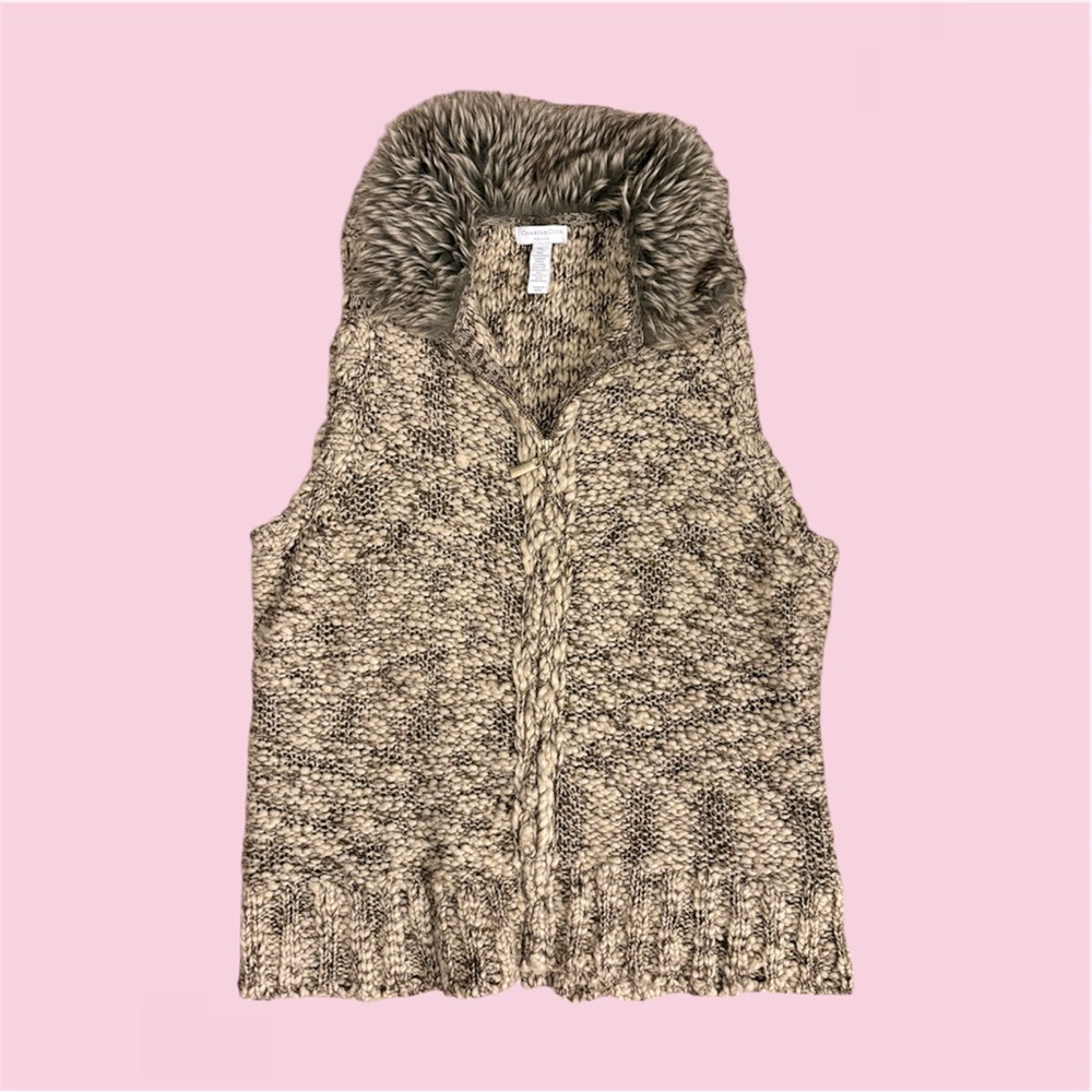 Chunky knit zip-up vest with faux fur collar - Size L